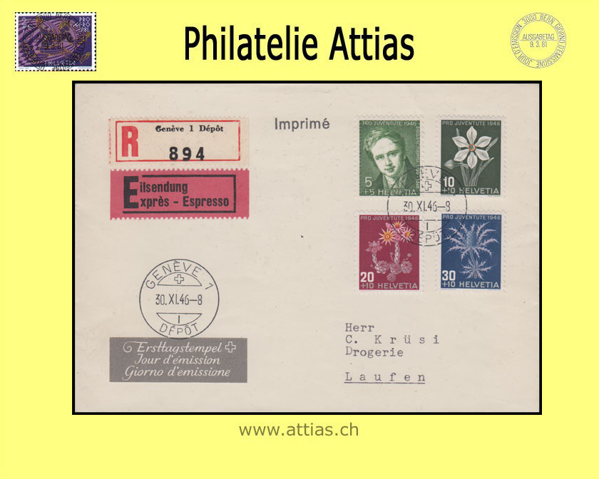 CH 1946 J117-J120 Pro Juventute subscription FDC with address cancelled GENEVE 1