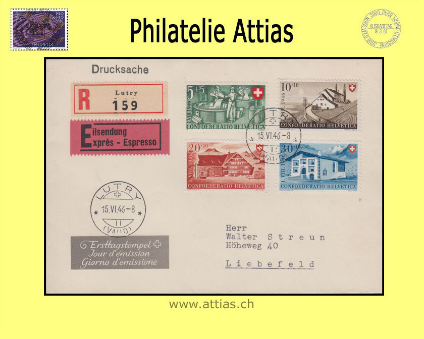 CH 1946 B30-B33 Pro Patria subscription FDC with address cancelled LUTRY - Express and registered mail