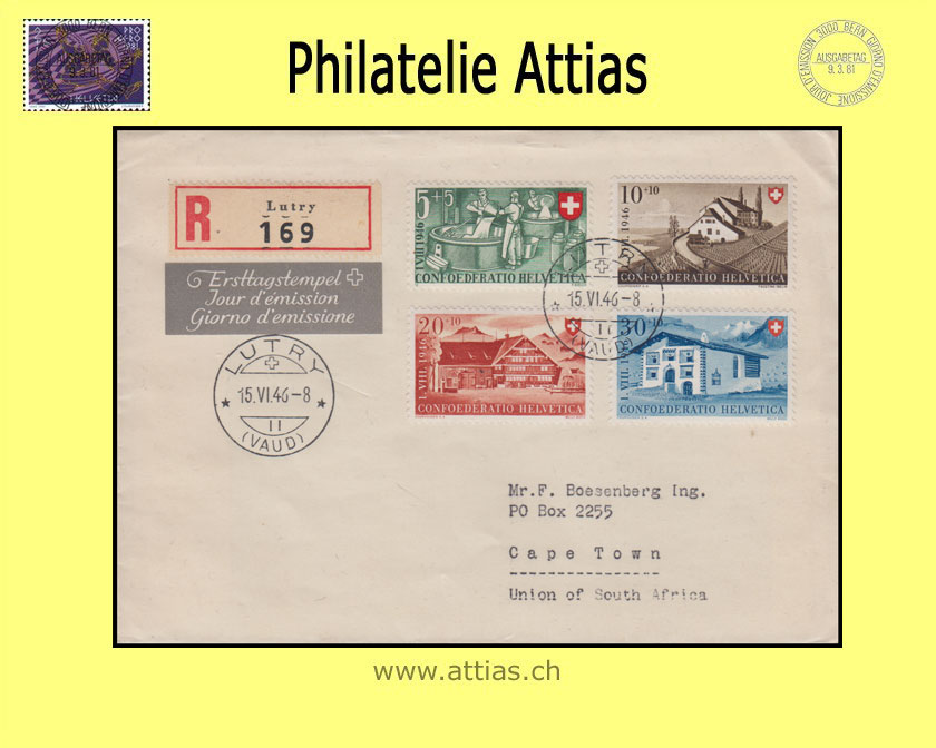 CH 1946 B30-B33 Pro Patria subscription FDC with address cancelled LUTRY - Registered Mail