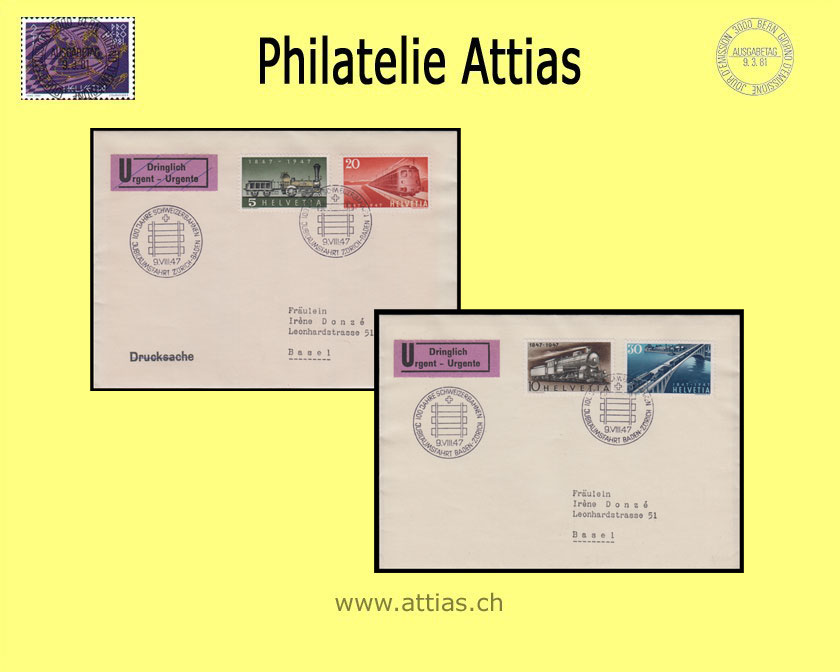 CH 1947 277-280 - 100 Jahre Schweizer Eisenbahn Abo-FDC 2 Briefe mit Adresse
