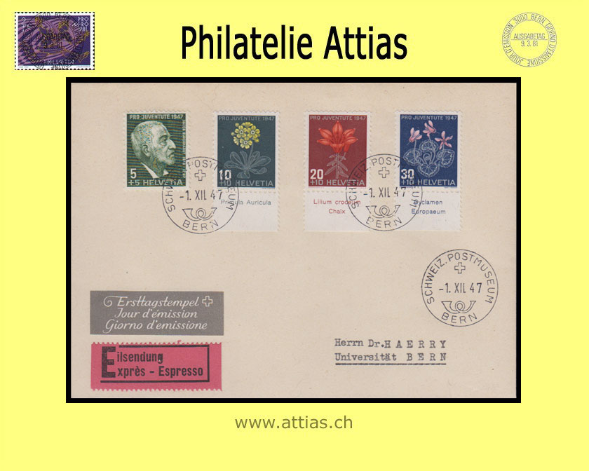 CH 1947 J121-J124 Pro Juventute FDC with tabs with address