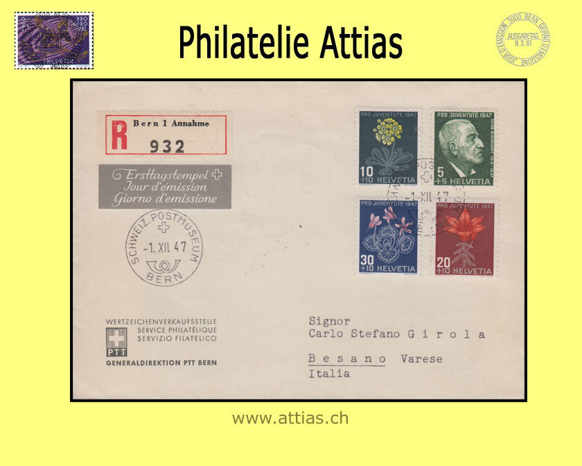 CH 1947 J121-J124 Pro Juventute subscription FDC with address cancelled BERN Postmuseum