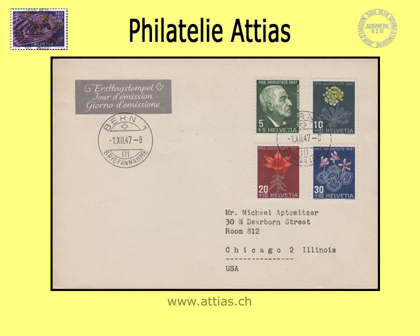 CH 1947 J121-J124 Pro Juventute subscription FDC with address cancelled BERN 1