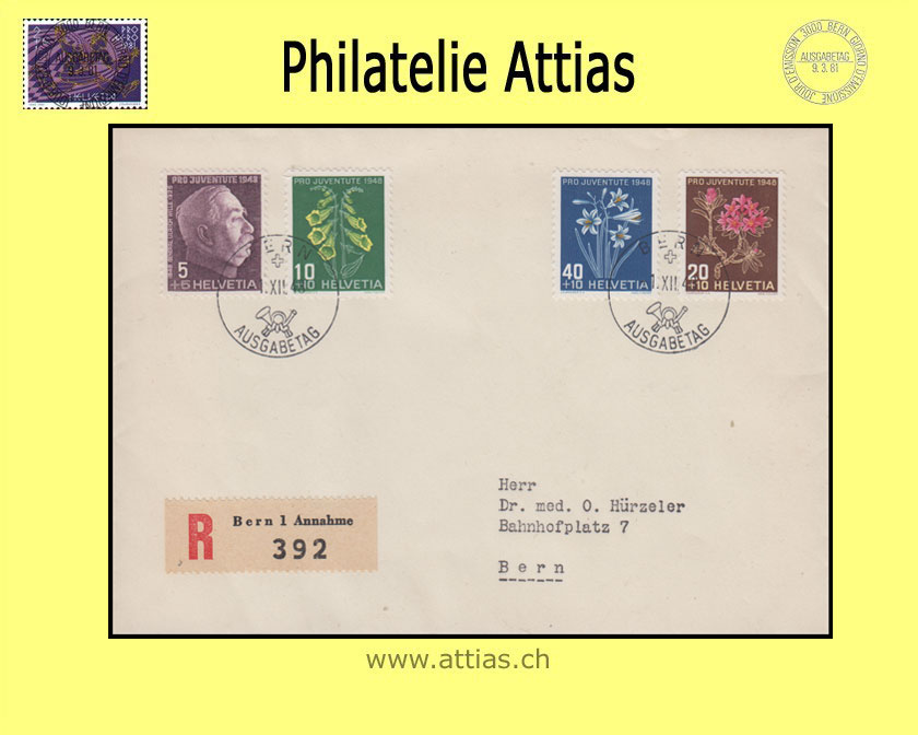 CH 1948 FDC Pro Juventute german with address to Bern