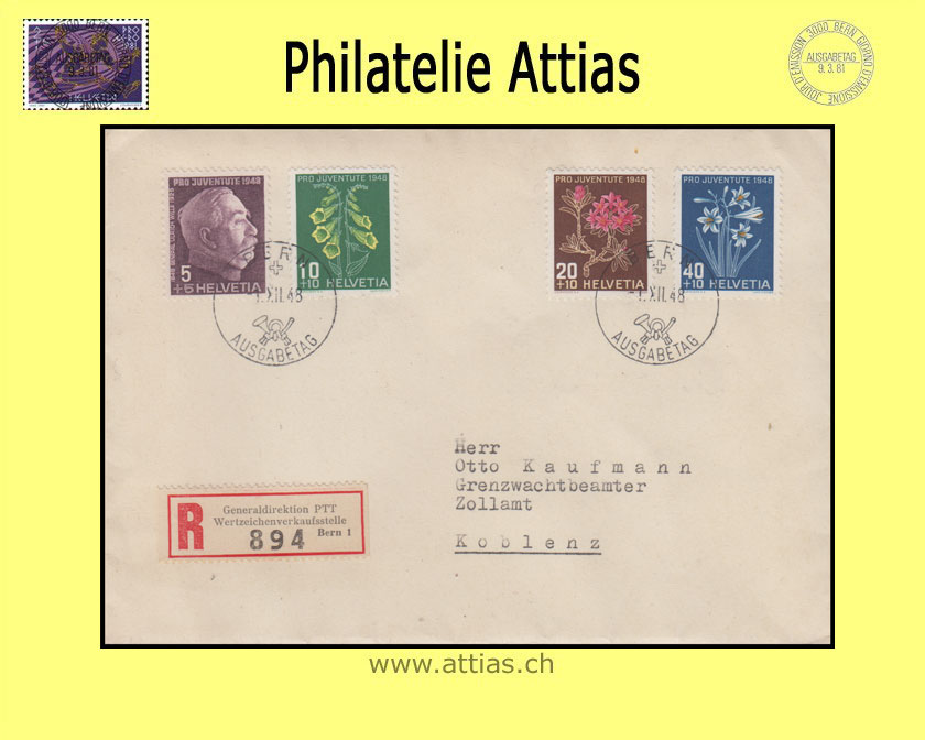 CH 1948 FDC Pro Juventute german with address to Koblenz