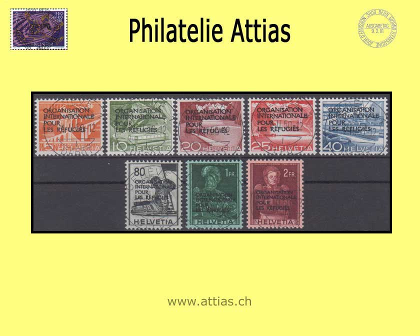 CH 1950 DVIII 1-8 Technology and landscape & historical pictures with overprint "Organisation internationale pour les refugés", FD Full Cancellation