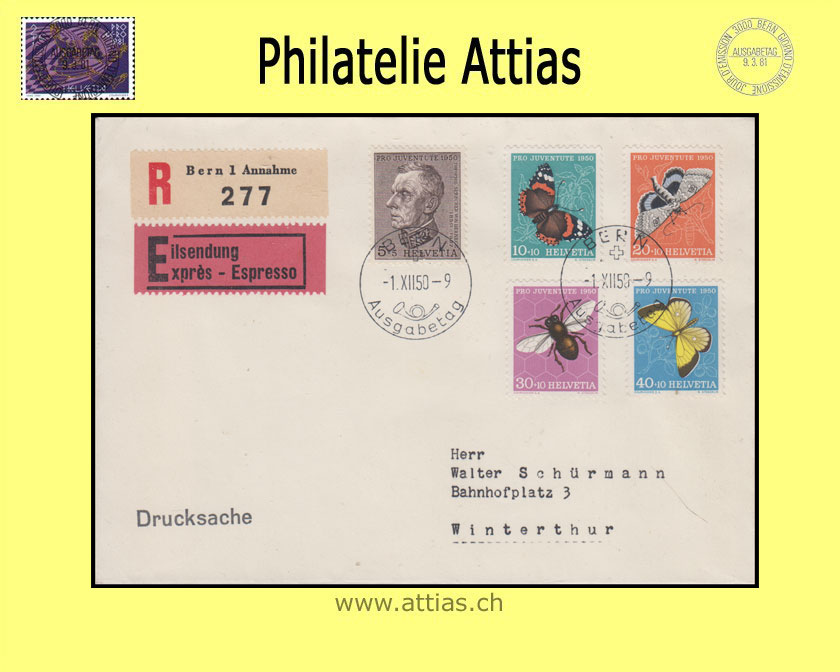 CH 1950 FDC Pro Juventute german with address to Winterthur