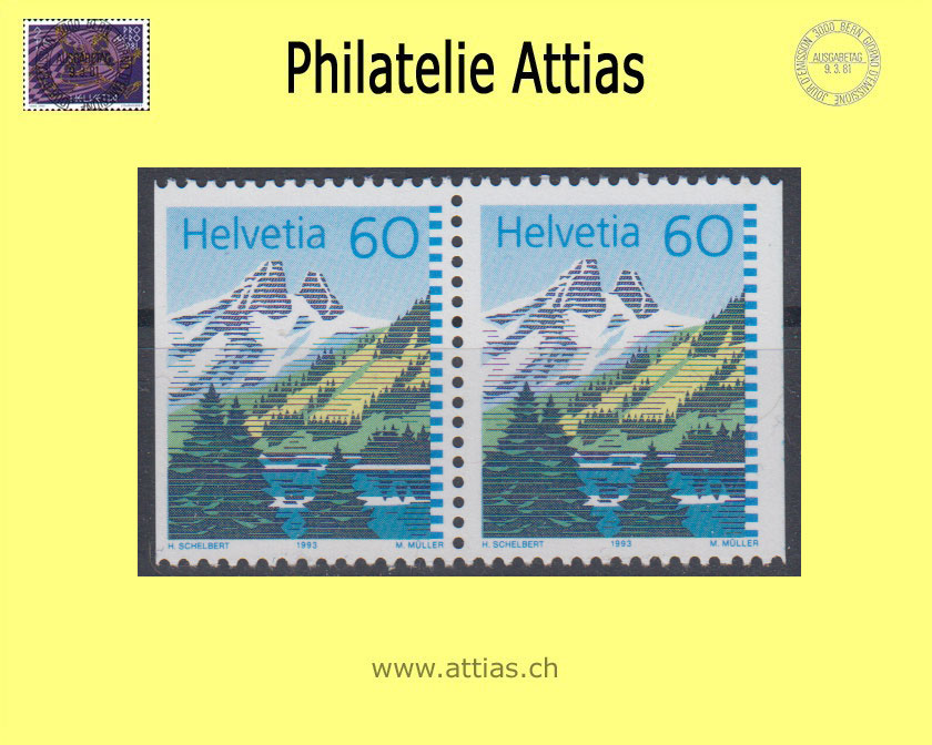 CH 1993 837H3 Definitive stamps Mountain lakes, pair out of stamp booklet MNH