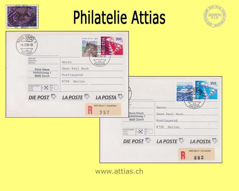 CH 1994 AK1-AK2 Prepaid adhesive address label for Parcel Post, 2 FDCs with FD-Cancellation