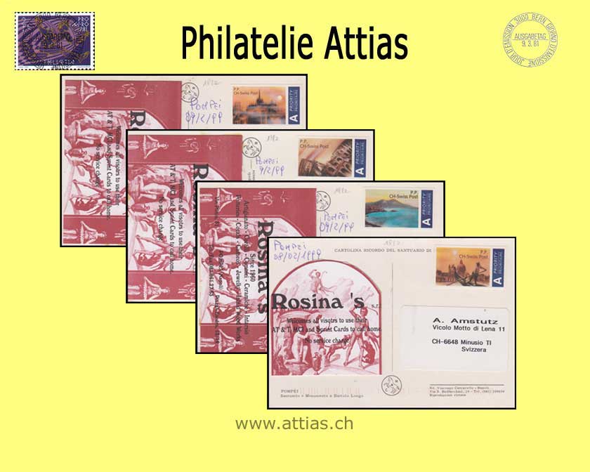 CH 1998 SPI-T-IT 2-5 Swiss Post International tourists-stamps II Italy, on 4 cards, real run