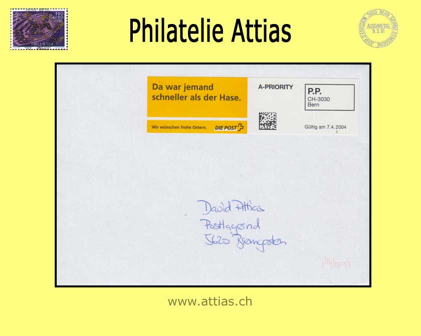 CH 2004 AE 1 Gelbe Osterwünsche Deutsch, Brief C6, echt gelaufen