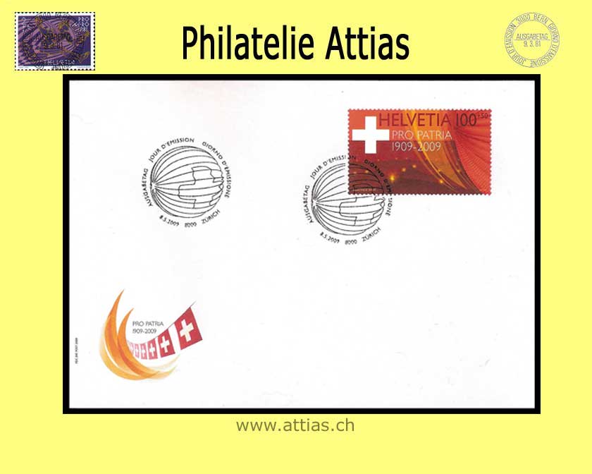 CH 2009 B308A stamp out of bloc - 100 years Pro Patria FDC