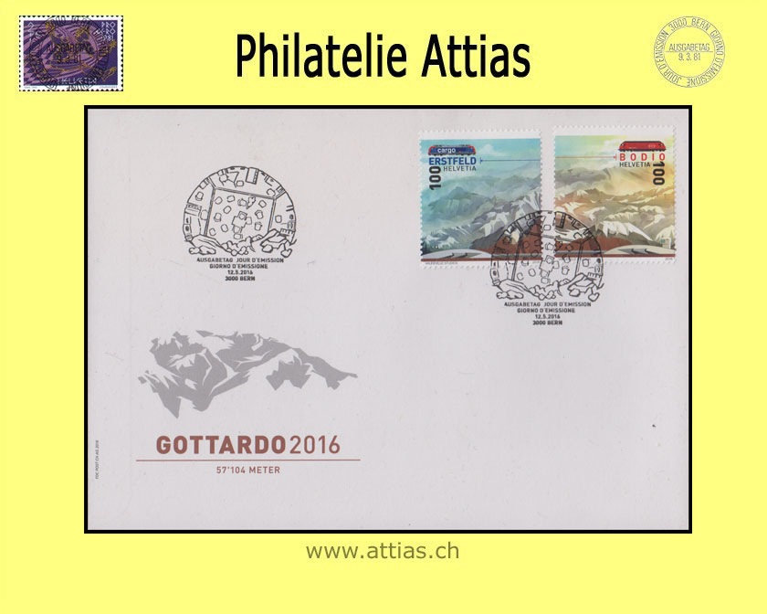 CH 2016 FDC Gottardo (not joined) ill.no addr.