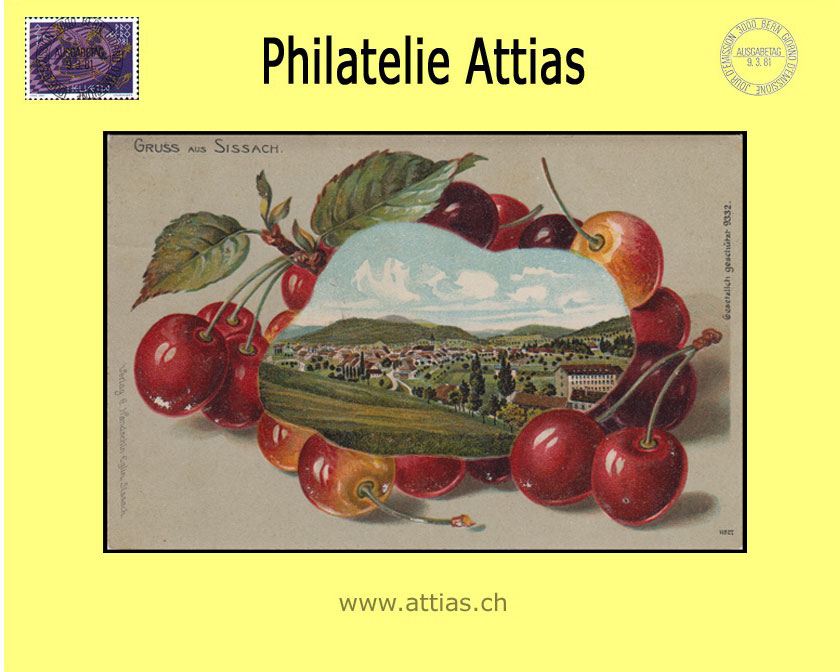 PC Sissach BL color-litho Gruss aus with cherries (1904)