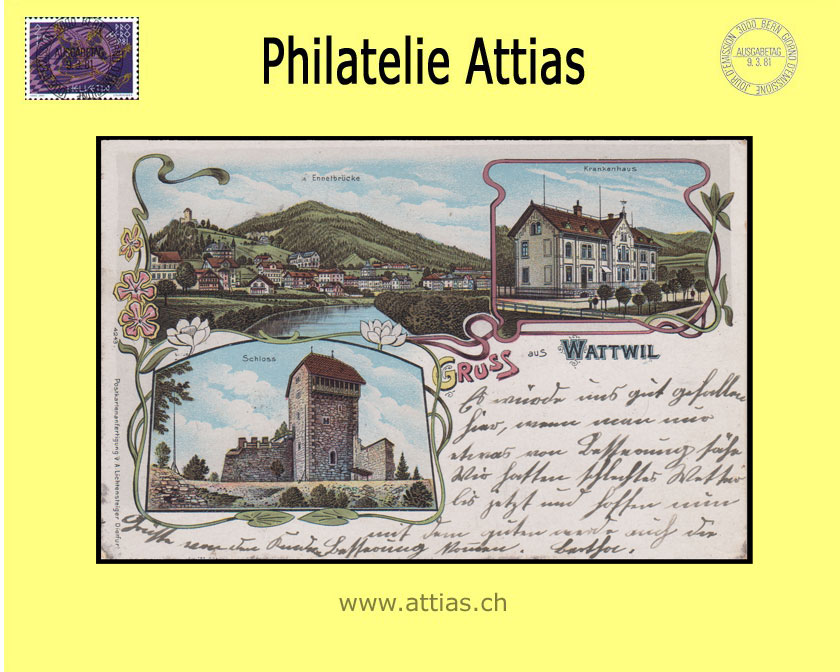 PC Wattwil SG color-litho Gruss aus with 3 pictures (1903)