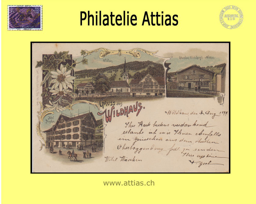 PC Wildhaus SG color-litho Gruss aus with 3 pictures (1899)