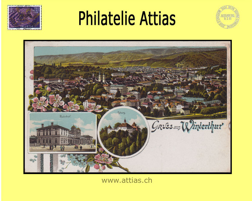 PC Winterthur ZH color-litho Gruss aus with 3 pictures (1910)