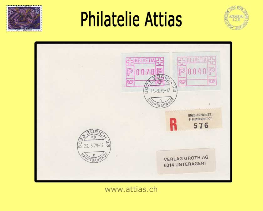 CH 1979 ATM Type 3,  Registered letter with Early Date Cancellation 23.03.79 Zurich