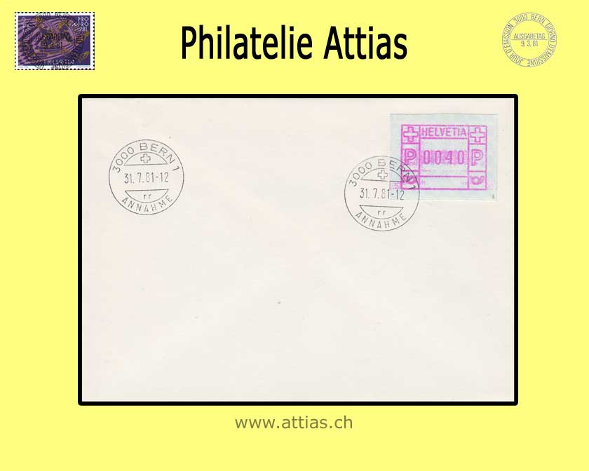 CH 1981 ATM Type 4, letter with Early Date Cancellation 31.07.81 Bern