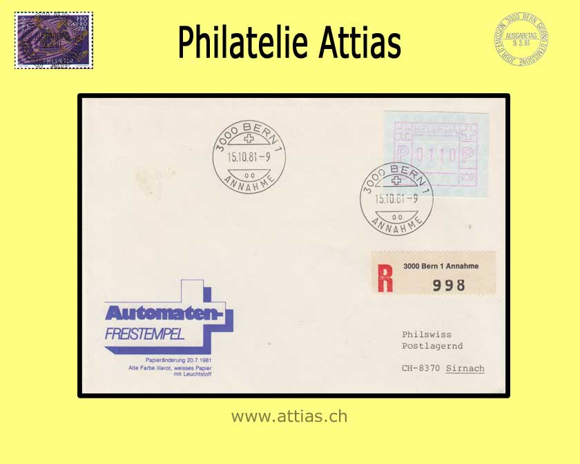 CH 1981 ATM Type 4, Single value on registered mail cancelled Bern