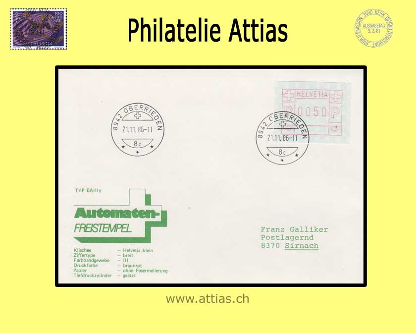CH 1984 ATM Type 7A, Single value on letter cancelled Oberrieden