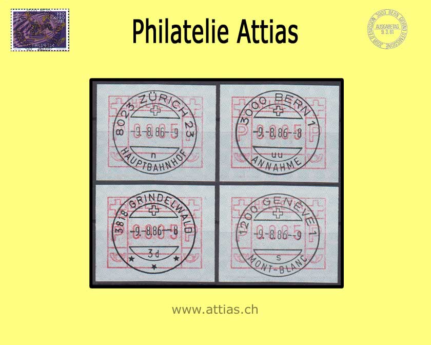 CH 1986 ATM Type 7A, 10 Years ATM Switzerland - 4 values with Full Cancellation of Place 09.08.1986