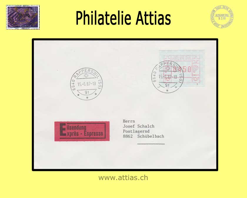 CH 1987 ATM Type  7x,  FDC with Addr. 15.6.87 Rapperswil