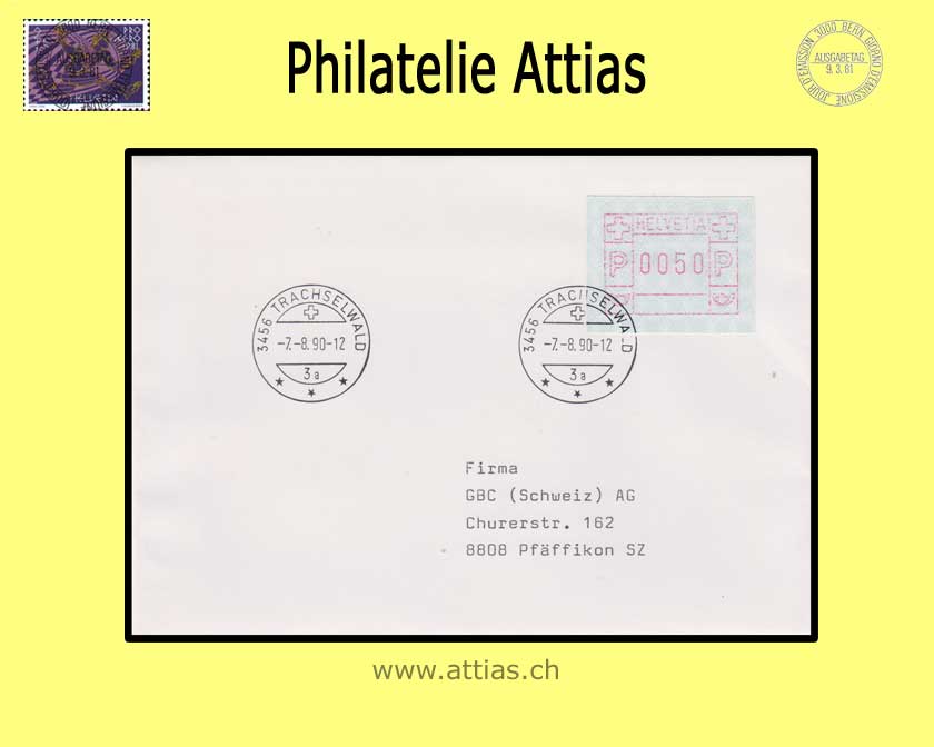 CH 1987 ATM Typ 7Ax, Einzelwert auf Brief gestempelt Trachselwald