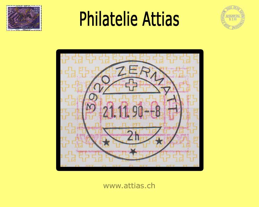 CH 1990 ATM Typ 8,  Einzelwert mit FD-Vollstempel 21.11.90 Zermatt