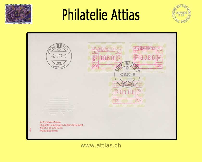 CH 1993 ATM Type 9,  postage value levels set on FDC ill.no addr.