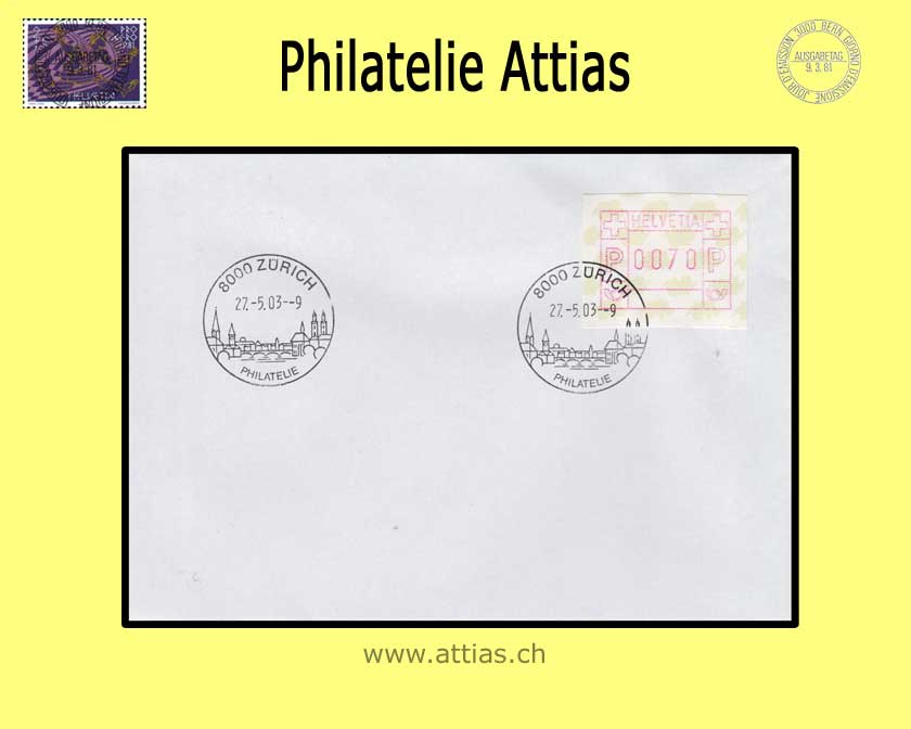 CH 1993 ATM Typ 9, Einzelwert auf Brief gestempelt Zürich