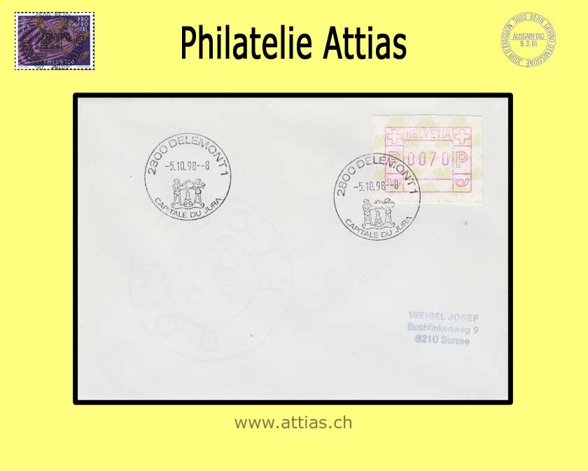 CH 1998 ATM Type 9F, FDC with Addr. 05.10.98 Delemont