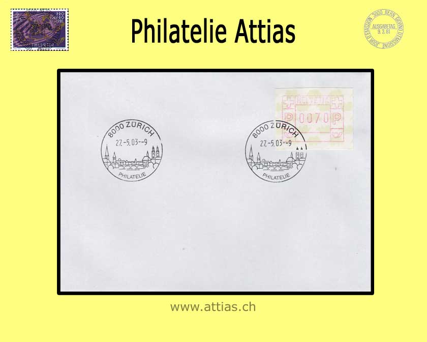 CH 2001 ATM Typ 9x, Einzelwert auf Brief gestempelt Zürich