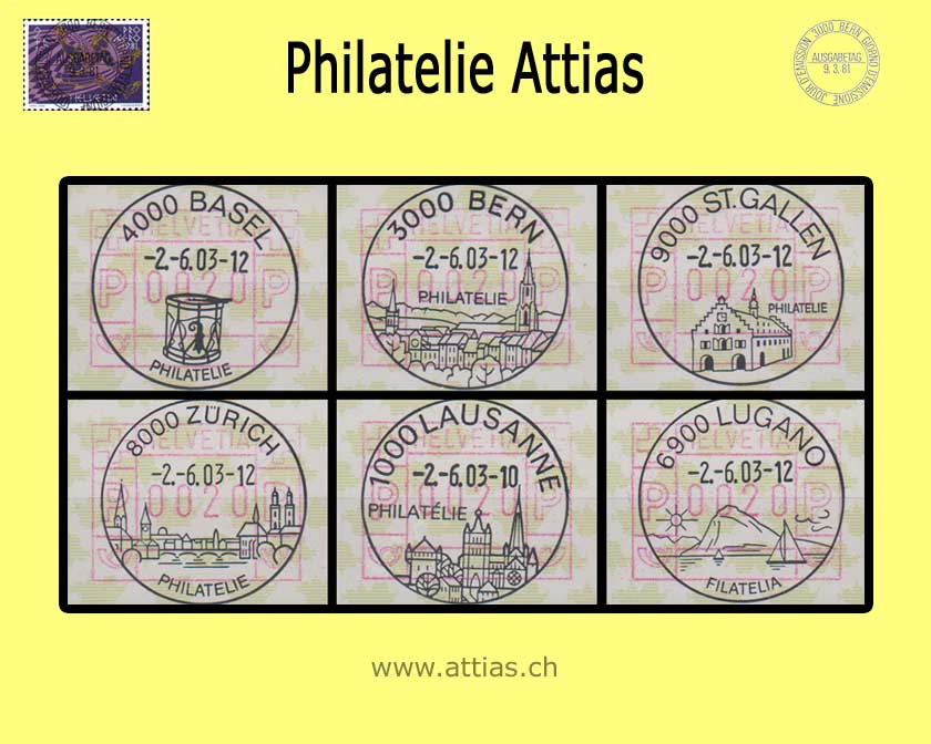 CH 2003 ATM Type 9y, Set with 6  First Day Full Cancellation 02.06.03 of place