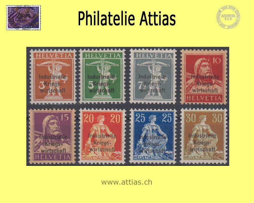 CH 1918 DI 9-15 postage stamps with three-line overprint "Industrielle Kriegswirtschaft", thick font, set unused *, signed Zumstein