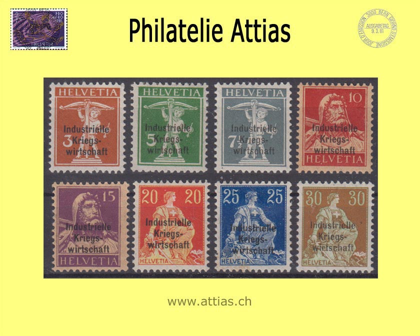 CH 1918 DI 9-15 postage stamps with three-line overprint "Industrielle Kriegswirtschaft", thick font, set unused *, Certificate Hoffner