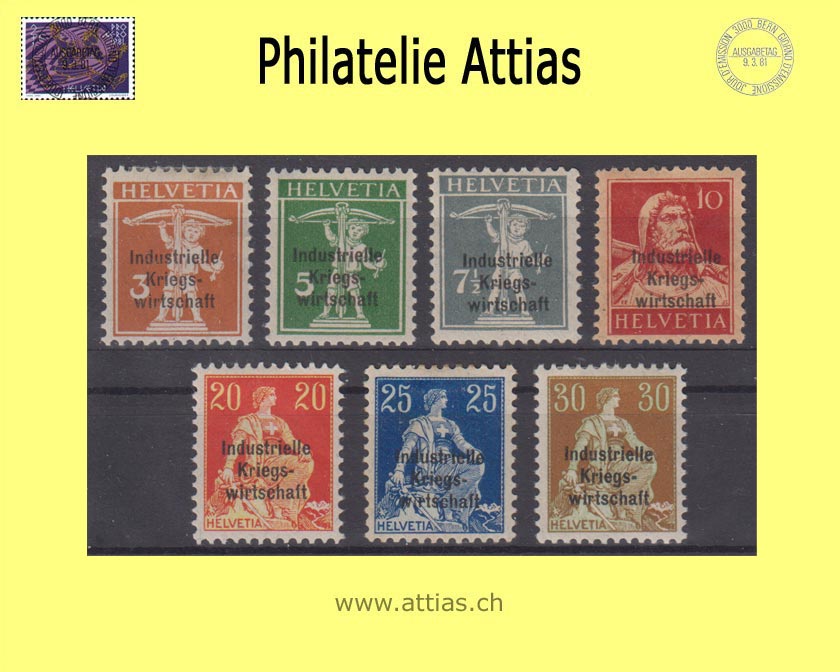 CH 1918 DI 9-15 w/o 12I postage stamps with three-line overprint "Industrielle Kriegswirtschaft", thick font, counter set unused *, Certificate Hoffner