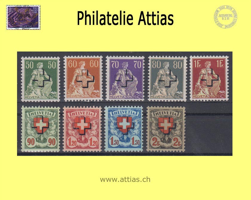 CH 1938 DII 37-45 Helvetia with sword/coat of arms pattern with overprint cross, corrugated rubber set MNH