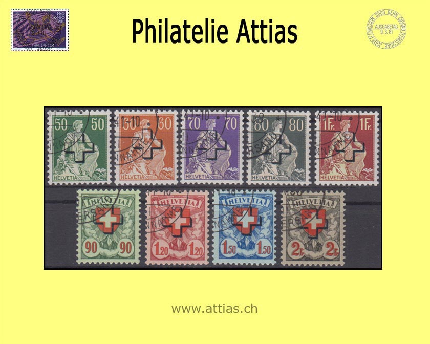 CH 1938 DII 37-45 Helvetia with sword/coat of arms pattern with overprint cross, corrugated rubber set cancelled