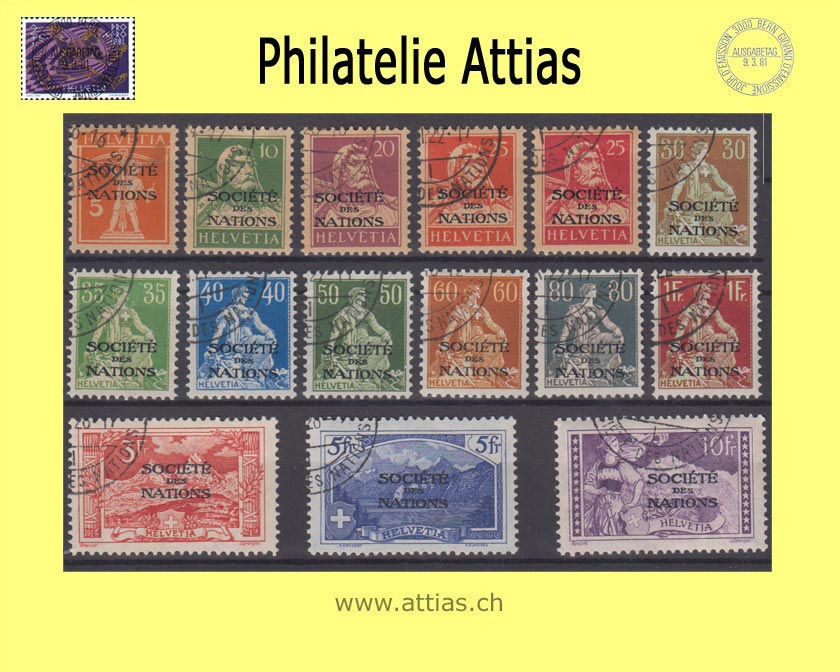CH 1922 DIII 1-15 Postage stamps with overprint "Société des Nations", different representations smooth paper Set cancelled