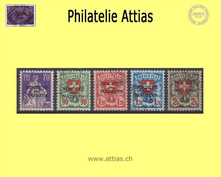 CH 1935-37 DIII 22-26z Helvetia with sword/coat of arms pattern with overprint "Société des Nations", corrugated paper Set cancelled
