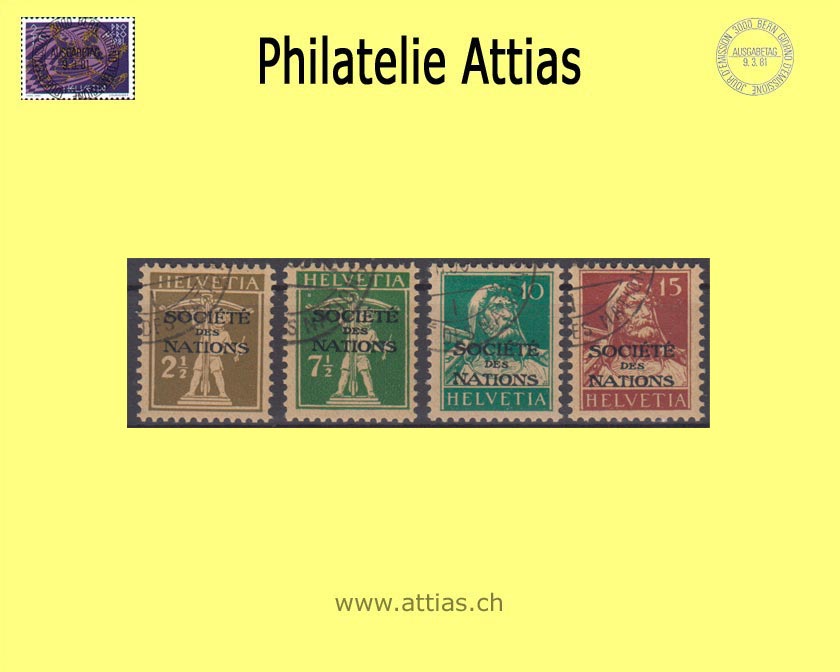CH 1928 DIII 27-30 Tell boy/Tell breast image with overprint "Société des Nations", smooth paper Set cancelled