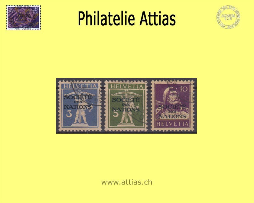 CH 1930-31 DIII 33-35 Tell boy/Tell breast image with overprint "Société des Nations", smooth paper Set cancelled