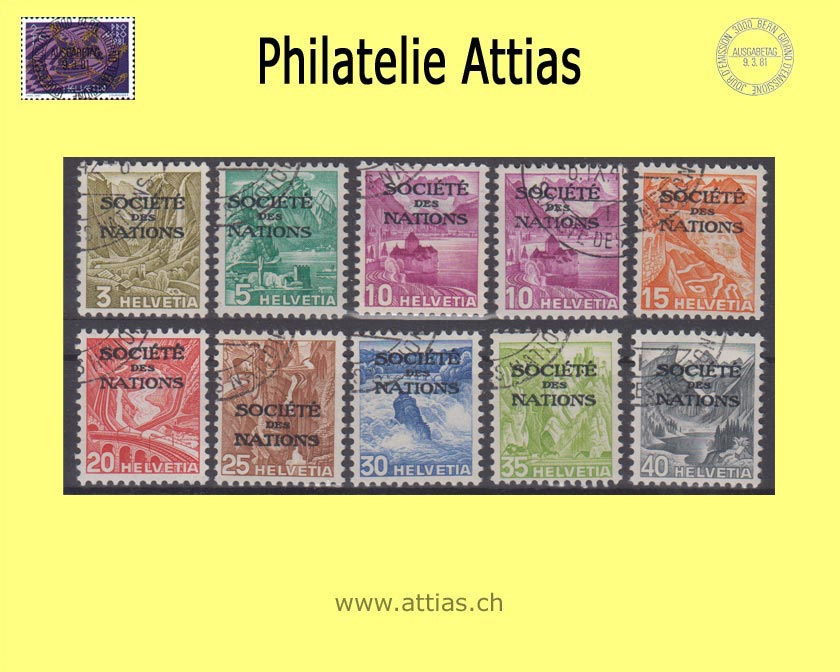 CH 1936 DIII 47-55y Landscape pictures (intaglio printing) with overprint "Société des Nations", smooth paper Set cancelled