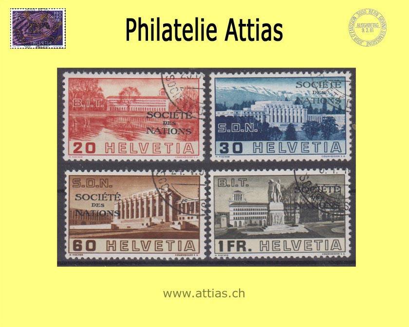 CH 1938 DIII 57-60 Pictures of the League of Nations and Labor Office buildings with overprint "Société des Nations", Set cancelled
