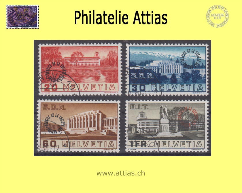 CH 1938 DIII 61-64 Pictures of the League of Nations and Labor Office buildings with circular overprint "Service de la Société des Nations", Set cancelled