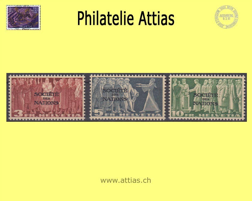 CH 1939 DIII 65-67 Symbolische Darstellungen mit Aufdruck "Société des Nations", Satz Postfrisch