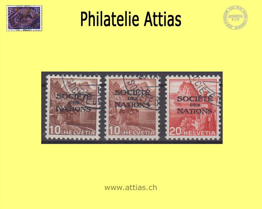 CH 1942-43 DIII 68-70y Landscape pictures (intaglio printing) with overprint "Société des Nations", smooth paper Set cancelled