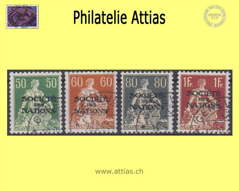CH 1935-44 DIII 9z-12z Helvetia with sword with overprint "Société des Nations", Chalk paper, corrugated paper, Set cancelled