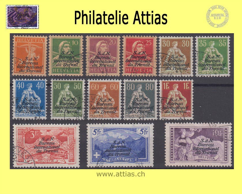 CH 1923 DIV 1-14 Postage stamps - different representations with overprint "S.d.N. Bureau international du Travail", smooth paper Set cancelled